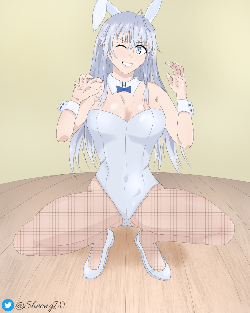 big_breasts blue_eyes bunny_ears bunnysuit date_a_live:_date_a_bullet female fishnets higoromo_hibiki legs_open long_hair sheong_wong white_hair winking_at_viewer