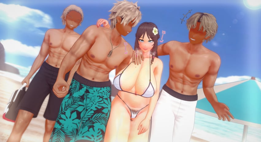 1girls 3boys 3d akira_mandeville big_breasts bikini female huge_breasts koikatsu muscular muscular_male original plump spidey-dude sunscreen thick_thighs tricked tricked_into_sex voluptuous voluptuous_female