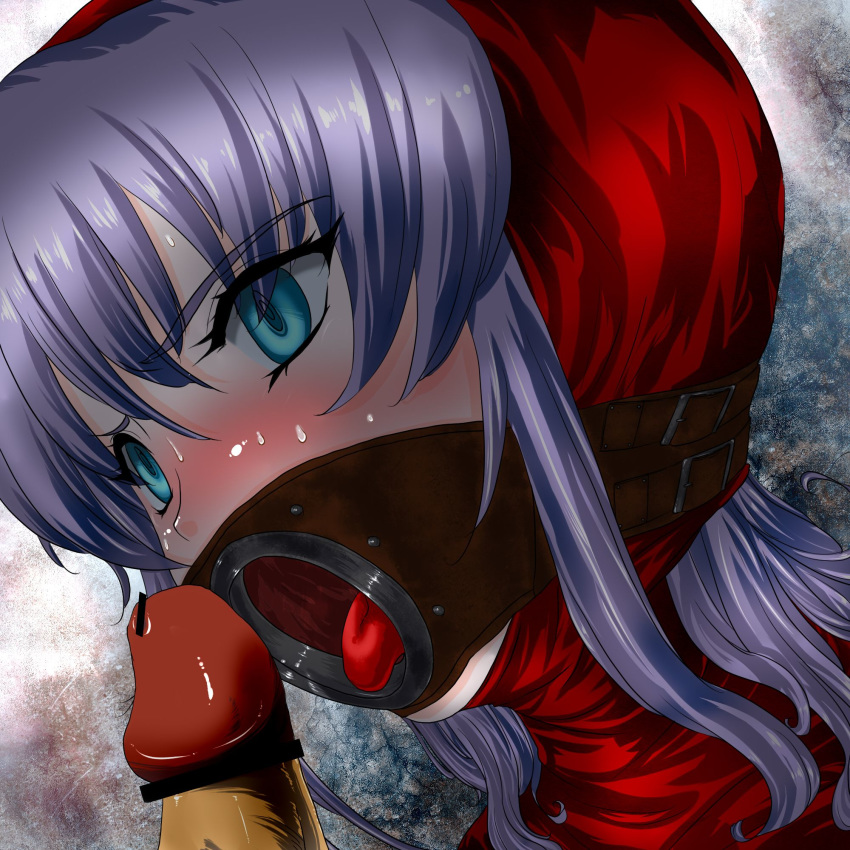 akizam bar_censor blue_eyes bondage bound censored dragon_quest dragon_quest_ii face female gag gagged highres hood open_mouth open_mouth_gag penis plug_gag princess_of_moonbrook purple_hair tongue