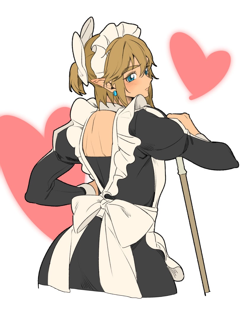 1boy bishonen blonde_hair blue_eyes blush breath_of_the_wild brush crossdressing earrings femboy hand_on_hip haoda1ke heart link link_(breath_of_the_wild) looking_back maid maid_headdress maid_outfit maid_uniform nintendo open_back otoko_no_ko ponytail solo solo_focus solo_male the_legend_of_zelda twink video_games