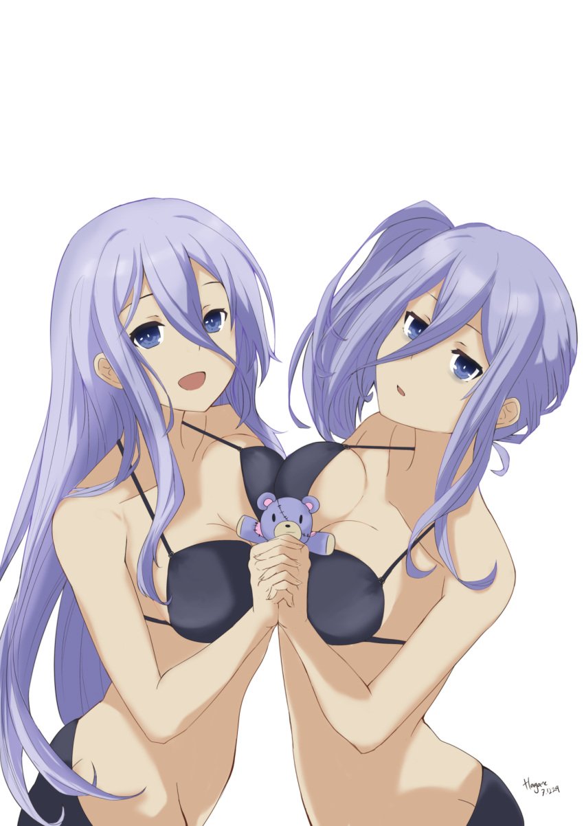 2d 2d_(artwork) 2girls ass bikini blue_eyes breasts breasts_squeezed_together date_a_live female female_only hagane_(artist) light-skinned_female long_hair murasame_reine takamiya_mio teddy_bear white_hair