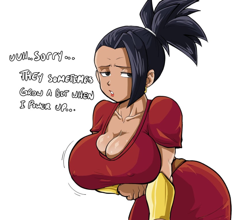 big_breasts black_hair breast_expansion breasts dark-skinned_female dark_skin dragon_ball dragon_ball_(series) dragon_ball_super earrings female hair_ornament highres implied_expansion jewelry kale large_breasts nipples pseudocel solo