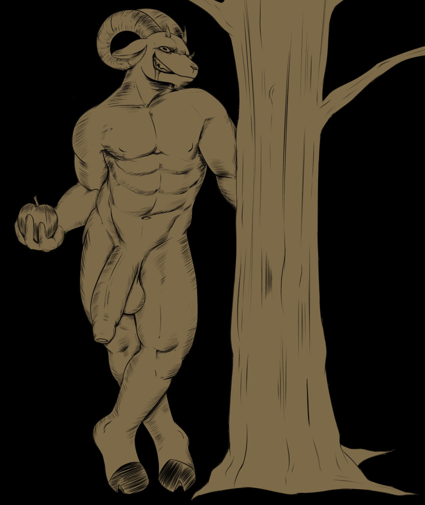 abs absurd_res apple balls black_background bovid caprine caprine_demon curved_horn demon doggonut flaccid food foreskin fruit genitals goat_demon hi_res hooves horn invalid_tag mammal monochrome muscular muscular_male penis plant simple_background smile standing tree