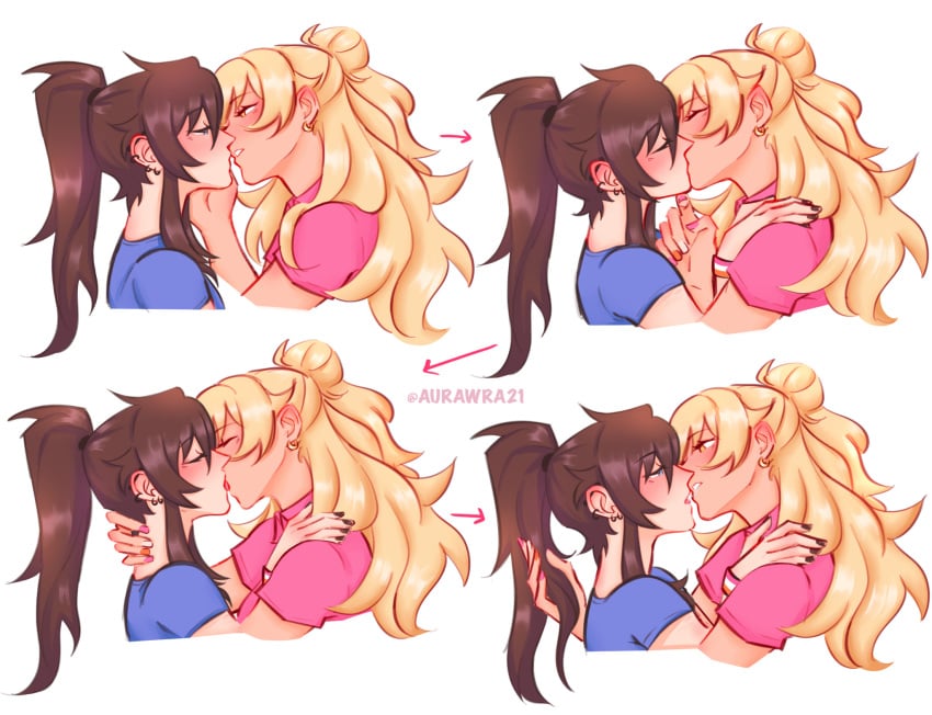 2girls aurawra21 black_hair blonde_hair blush blushing bracelet class_of_'09 fingers_in_hair french_kiss french_kissing hand_in_hair hand_on_cheek hand_on_neck hand_on_shoulder jecka_(class_of_'09) kissing lesbian_pride_bracelet lesbian_pride_colors lesbian_pride_fingernails lesbian_pride_nail_polish making_out nicole_(class_of_'09) playing_with_hair ponytail saliva saliva_trail yuri