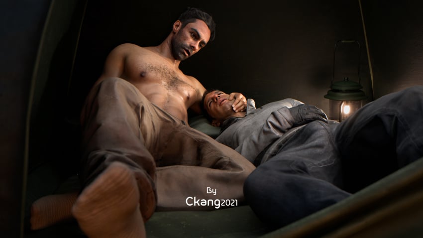 2boys 2males 3d 3d_(artwork) 3d_model activision alejandro_vargas call_of_duty ckang2021 friends gay hairy_chest infinity_ward male male/male male_only rodolfo_parra shirtless_male tent touching_self yaoi