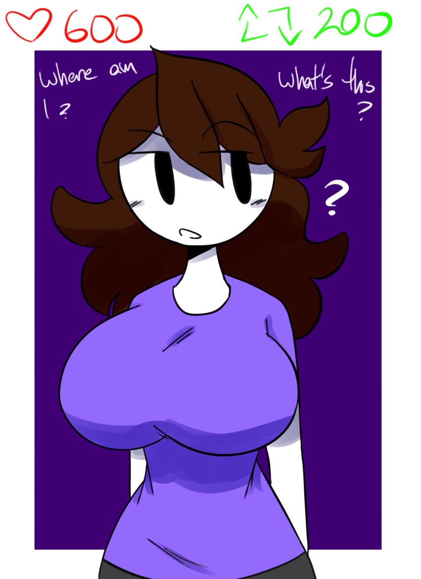 1girls 2d 2d_(artwork) ? big_breasts breasts brown_hair clothed clothed_female clothing english_text female female_only full_comfort jaiden jaiden_animations large_breasts long_hair open_mouth pants purple_shirt shirt solo strip_game text unaware white_skin youtube youtuber