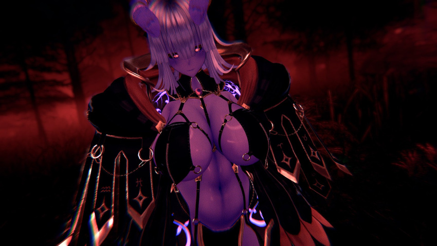 bangs big_breasts black_sclera breasts covered_nipples dark_background demon demon_girl demon_horns demoness forest horns huge_breasts large_breasts long_hair magenta_eyes mimiqu navel purple_skin skimpy skindentation straps tummy virtual_youtuber vrchat vtuber