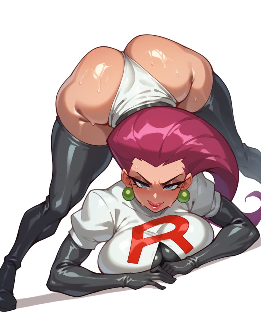 1girls ai_generated ass big_ass breasts earrings female female_only jack-o_pose jessie_(pokemon) legwear looking_at_viewer nintendo pokemon rocksolidart solo solo_female thick_thighs thighhighs wide_hips