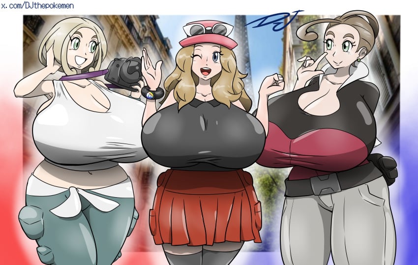 3girls alexa_(pokemon) big_breasts blush breasts breasts_bigger_than_head cleavage clothed clothing creatures_(company) djthepokemen female female_only game_freak hyper_breasts nintendo pokemon pokemon pokemon_xy serena_(pokemon) viola_(pokemon)