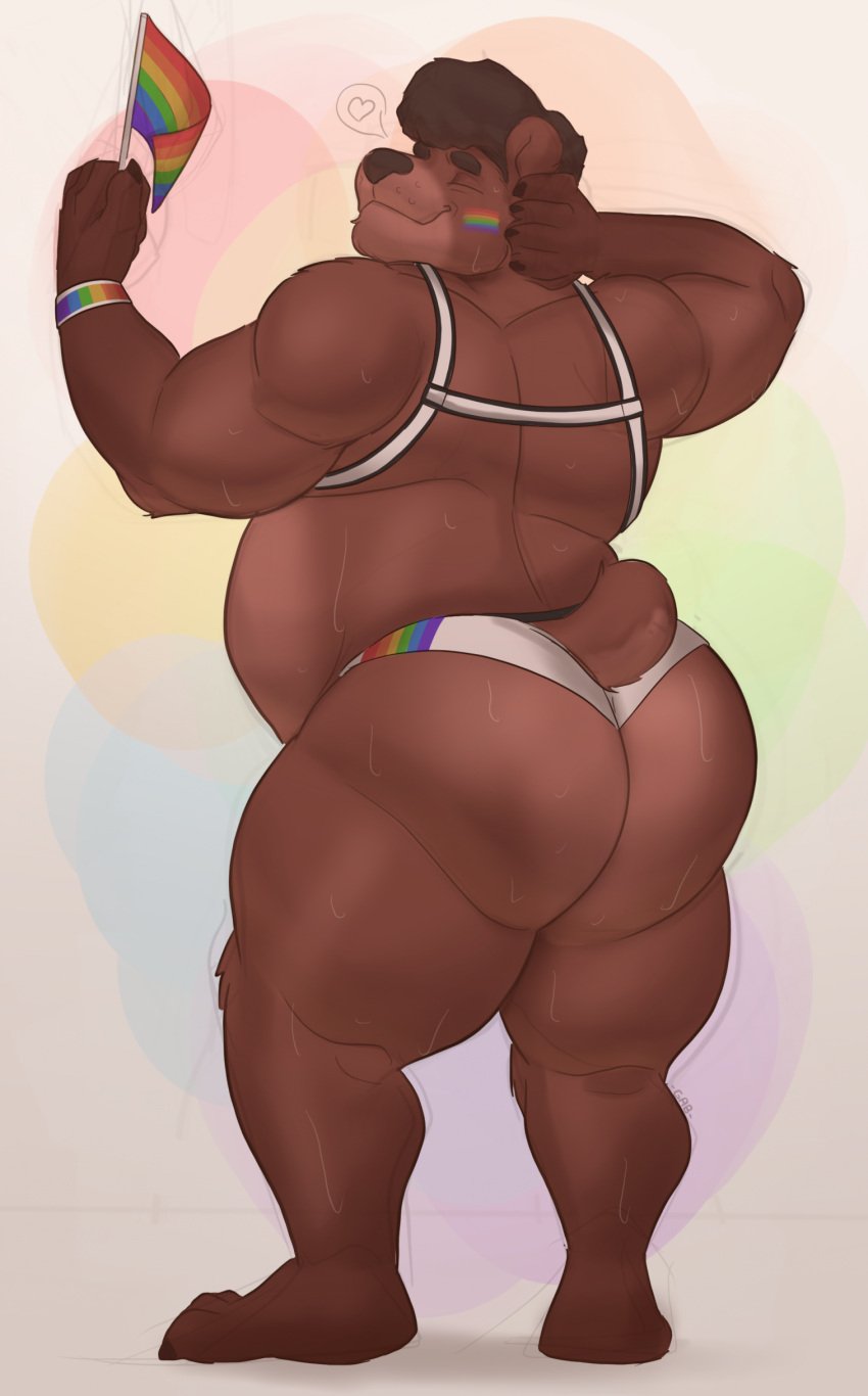 absurd_res anthro ass bear big_butt black_hair brown clothing furry gab_(gabgbb) gab_art hair harness heart_symbol hi_res huge_butt lgbt_pride male male_only mammal pride_color_background pride_color_clothing pride_color_flag pride_colors simple_background solo solo_male sweat sweating