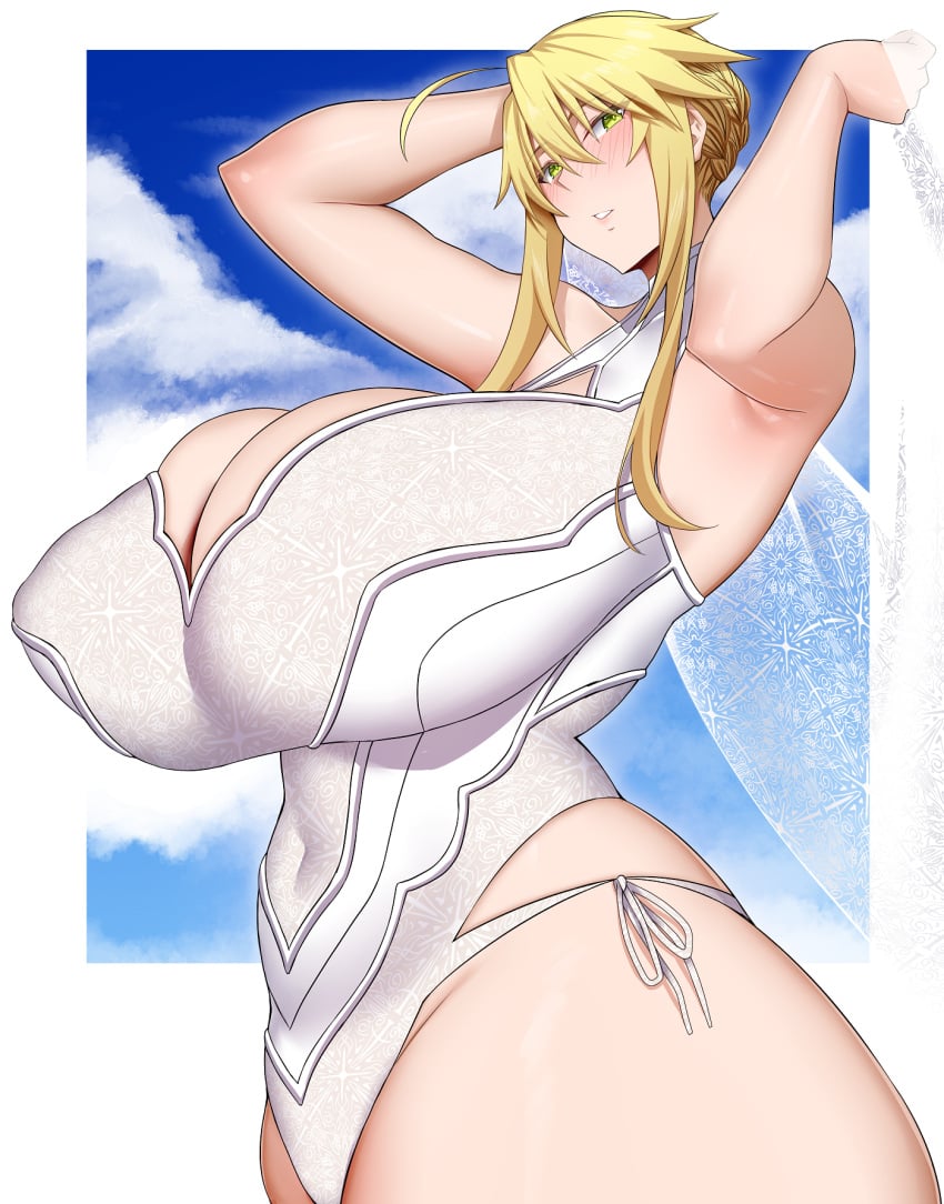 arind_yudha artoria_pendragon artoria_pendragon_(lancer) artoria_pendragon_(swimsuit_ruler) big_breasts blonde_hair blush bodysuit breasts cleavage collarbone fate/grand_order fate_(series) female happy huge_ass huge_breasts king large_breasts short_hair smile solo swimsuit thick_thighs white_background