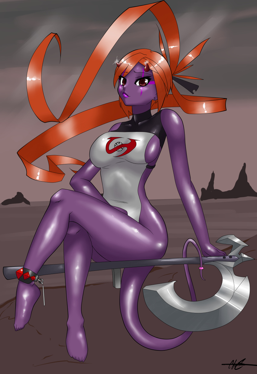 axe barefoot clothed clothed_sex crossed_legs exxavi_(syntheticpotato) female horns looking_at_viewer purple_skin red_eyes red_hair shackles smile solo solo_focus syntheticpotato tail thighs wide_hips