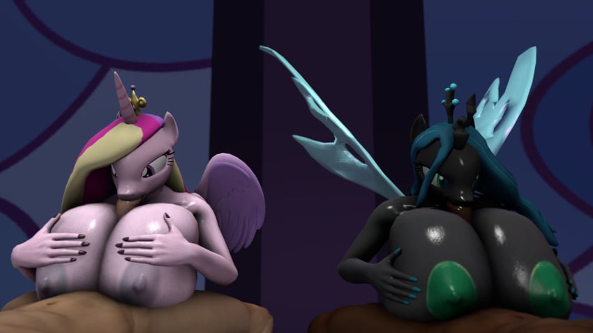 3d alicorn anthro areola breasts changeling color equine erection fellatio female friendship_is_magic horn huge_breasts human male male_human/female_anthro mammal my_little_pony nipples oral paizuri penis princess_cadance_(mlp) queen_chrysalis_(mlp) sex smooth_skin straight uncensored wings xvvajra