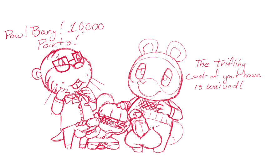 1girls 2boys animal_crossing animal_crossing_girl anthro balls big_balls big_penis bottomless clothed clothing english_text female foreskin handjob lyle_(animal_crossing) male male/female mammal monochrome multiple_boys nintendo otter penis prostitution raccoon studiotrue text threesome tom_nook uini uncut villager villager_(animal_crossing)