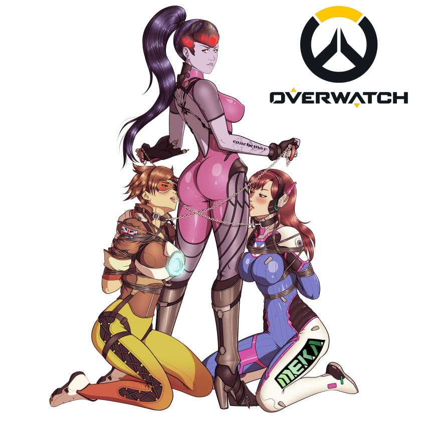 2d 3girls absurdres activision arms_behind_back ass blizzard_entertainment blue_skin blush bodysuit bondage breasts brown_eyes brown_hair chains chronal_accelerator collar d.va dat_ass erect_nipples eyewear female female_only femdom femsub goggles harness headgear headphones high_heels human kneeling large_breasts leash licking long_hair multiple_girls multiple_subs nipple_bulge open_mouth overwatch pokies ponytail purple_hair reptileye saliva short_hair skin_tight tied_hair tongue tongue_out tracer widowmaker yuri