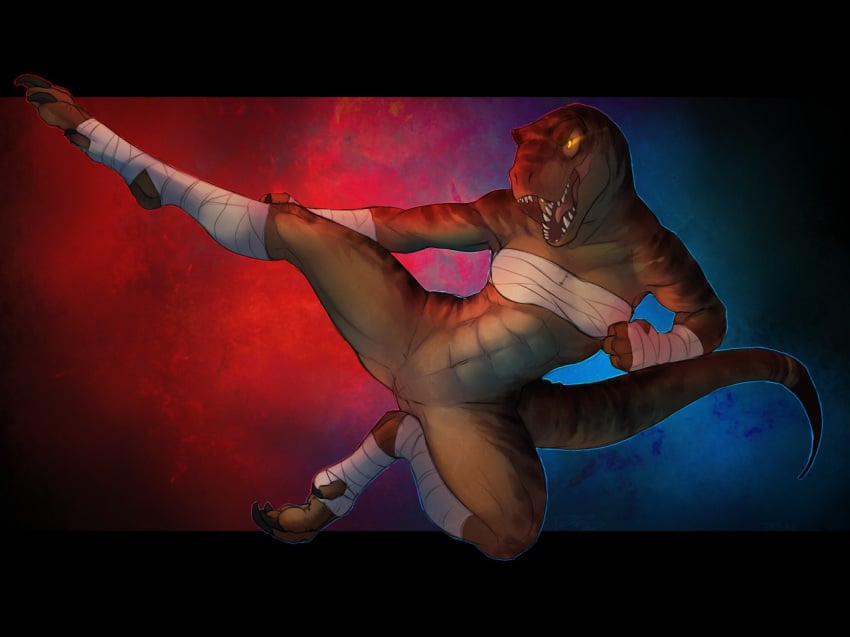 2015 4:3 action_pose anthro bandage bottomless breast_binding brown_scales chest_wraps claws clothed clothing dinosaur dog-bone fangs female glowing glowing_eyes half-dressed hand_wraps kick martial_arts mostly_nude muscular muscular_female open_mouth orange_eyes pussy scales sephira_tridell sephira_tridell_(tabra) sharp_teeth solo teeth toe_claws tyrannosaurus_rex yellow_eyes