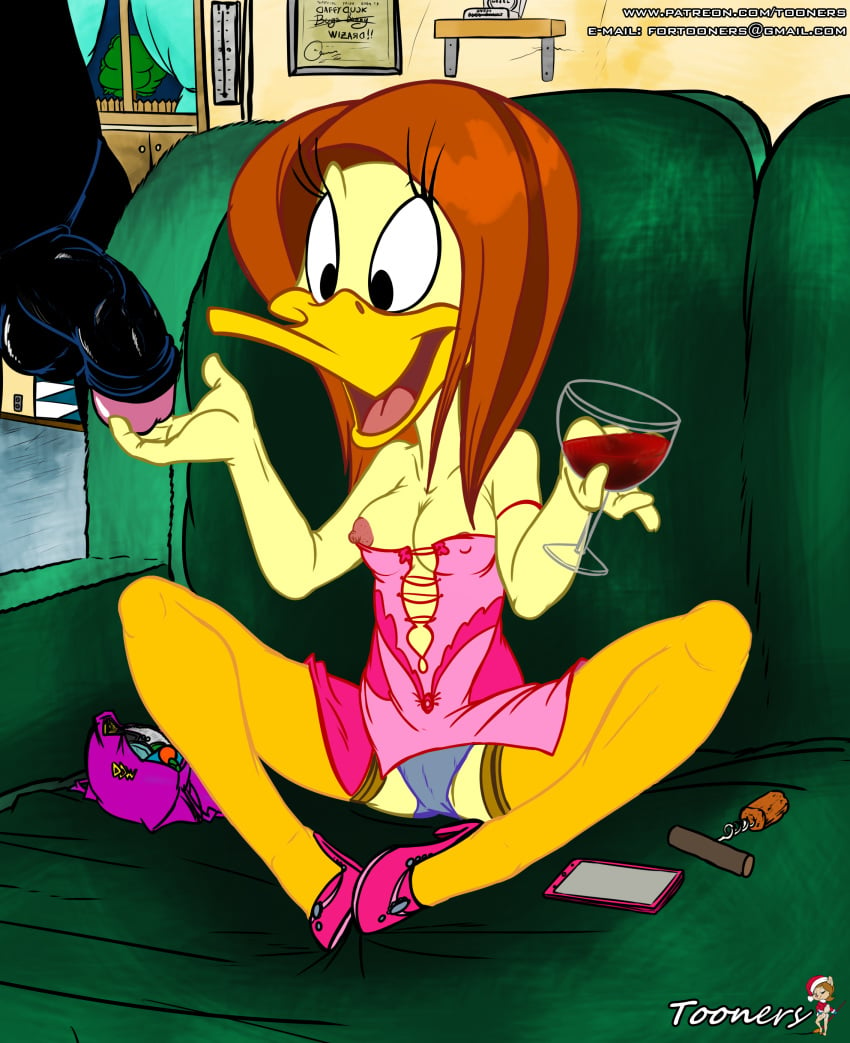 2015 absurd_res anthro avian balls beak bird black_feathers breasts brown_hair clothed clothing couple daffy_duck duck excited feathers female hair hi_res high_heels lingerie long_hair looney_tunes nipple_bulge nipples open_mouth panties penis sitting smile soft_feathers the_looney_tunes_show tina_russo tongue tooners underwear warner_brothers wine_glass yellow_feathers