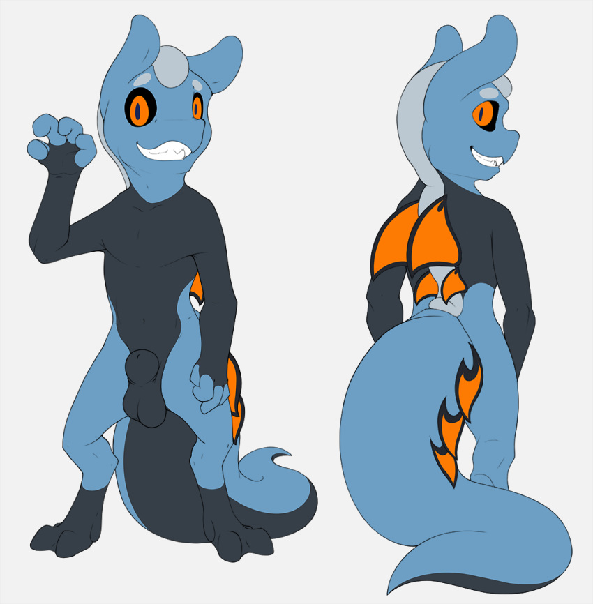 1boy anthro balls benton digitigrade dorsal_fin fin flat_colors floorninja front_view full-length_portrait full_length male male_only marine model_sheet nude portrait rear_view sea_slug sheath smile solo standing waving