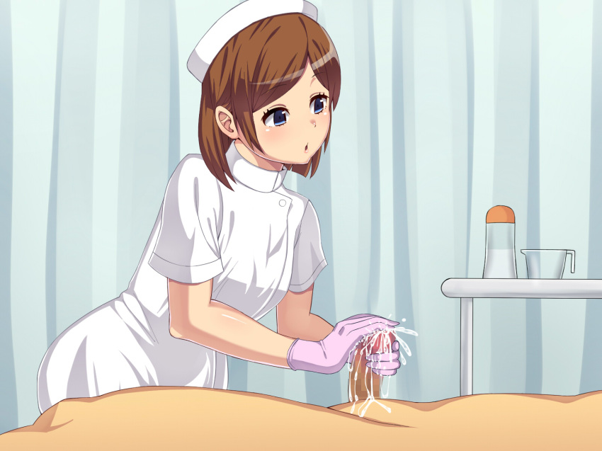 1boy 1girls blue_eyes brown_hair censored clothed_female_nude_male cum cum_on_self ejaculation female from_side gloved_handjob gloves handjob hat highres human latex_gloves male mosaic_censoring motion_blur natsumyun nurse nurse_cap open_mouth original penis purple_gloves solo_focus straight