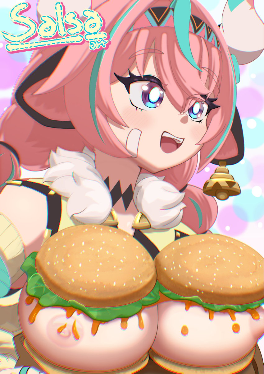 anime_style animegirl big_breasts breasts burger food_on_body genshin_impact natlan_girls pink_hair salsa_art varesa_(genshin_impact)