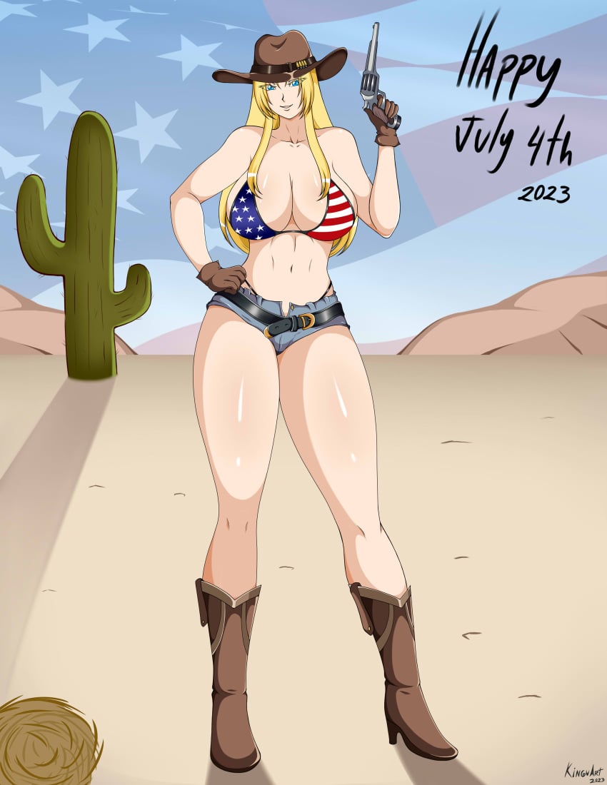 american_flag american_flag_bikini cowboy_hat firearm kinguart large_breasts original_character revolver saika_(kinguart) short_shorts