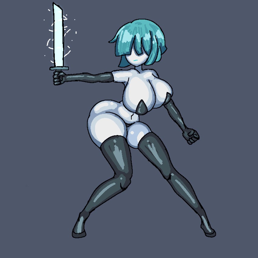 barely_clothed blue_hair dtrece1313 gauntlets hair_over_eyes huge_breasts large_breasts leoremt no_visible_nipples oc original original_character pale-skinned_female pale_skin pixel_art rem_(leoremt) sword thick_thighs white_skin