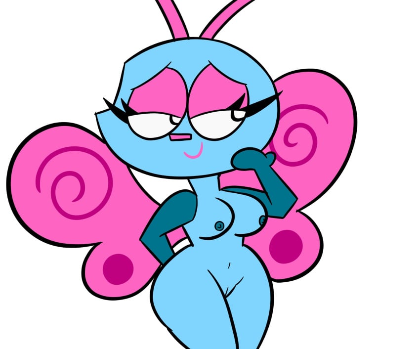 2025 antennae_(anatomy) anthro arthropod blue_body boogie_bugs breasts butterfly digital_media_(artwork) eyelashes eyeshadow female genitals hi_res insects jdone lepidopteran makeup navel nipples nude pink_eyeshadow pussy simple_background smile solo ti-ti_(boogie_bugs) white_background white_eyes wings