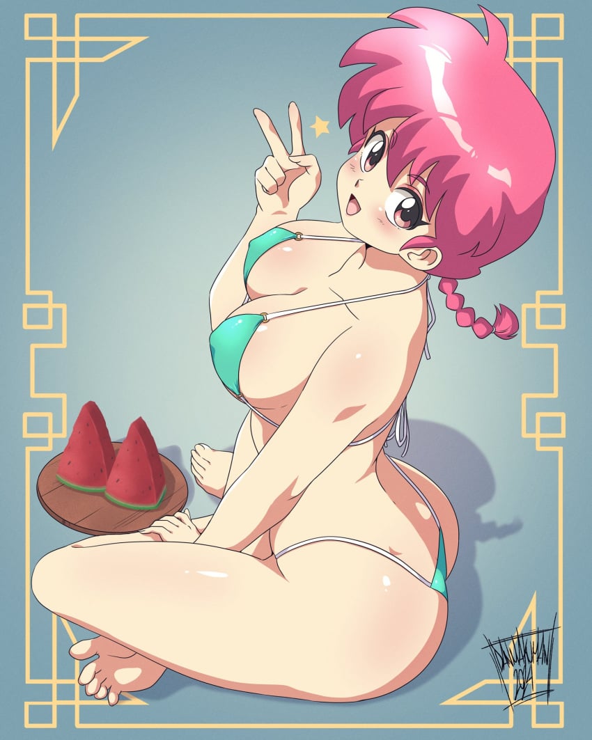 1girls big_ass big_breasts big_butt bikini blush blush_lines blushing braided_ponytail bubble_butt danmakuman g_string huge_breasts large_breasts light-skinned_female light_skin micro_bikini nipple_bulge open_mouth peace_sign pink_eyes pink_hair ponytail ranma-chan ranma-kun ranma_1/2 red_hair round_ass simple_background smile smiling smiling_at_viewer soles solo solo_female solo_focus thick_thighs thong thong_bikini top_heavy watermelon watermelon_slice wide_hips