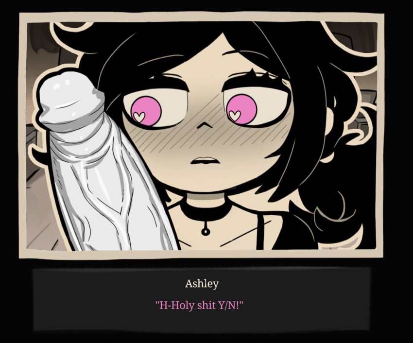 1boy 1girls accurate_art_style artist_upload ashley_graves cg character_name english_text looking_at_penis nose_blush official_style penis penis_awe pink_eyes pov self_upload sepia straight text text_box the_coffin_of_andy_and_leyley unepicroachy y/n