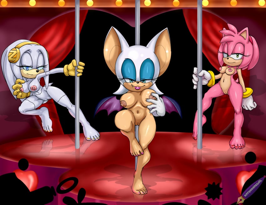 2015 amy_rose anthro areola bat big_breasts breasts echidna erect_nipples female hedgehog mammal monotreme navel nipples pink_hair pussy ravnic rouge_the_bat sonic_(series) stripper zeta_the_echidna