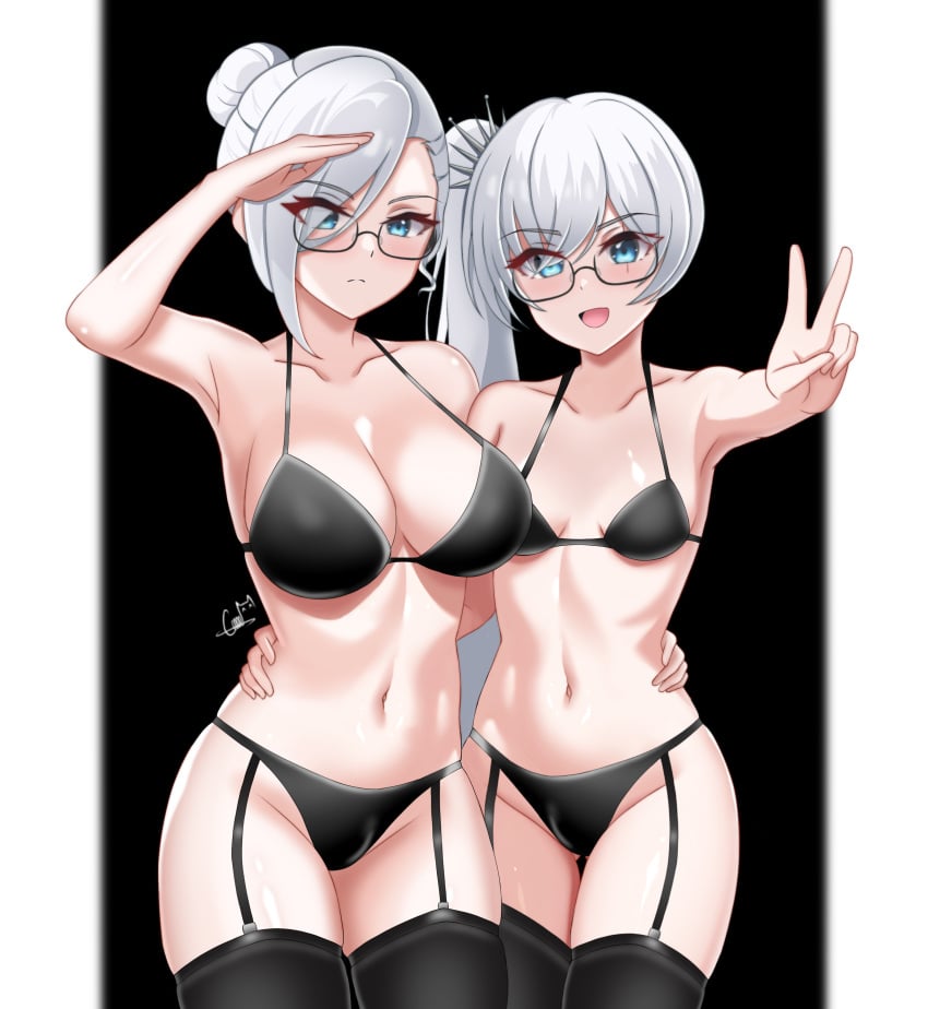 2girls black_bikini black_lingerie blue_eyes large_breasts lgc_cat long_ponytail ponytail rwby small_breasts standing weiss_schnee white_hair winter_schnee