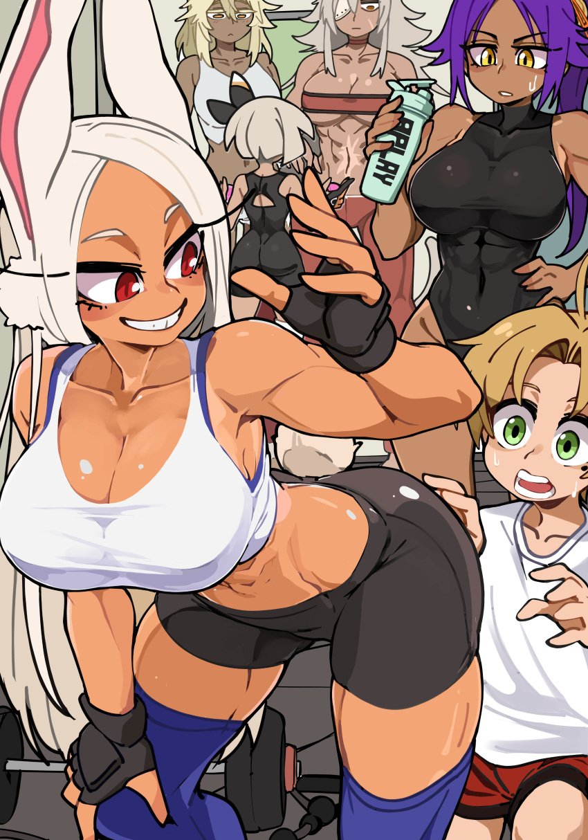 1boy 5girls abs bea_(pokemon) bleach boku_no_hero_academia bongfillstudent dark-skinned_female dumbbell dumptruck_ass fat_ass fat_breasts fox_girl ghislaine_dedoldia guilty_gear_xrd gym gym_uniform large_breasts miruko muscular_female mushoku_tensei pokemon_swsh ramlethal_valentine rudeus_greyrat shihouin_yoruichi six_pack sweatdrop taller_female workout workout_clothes yoga_pants