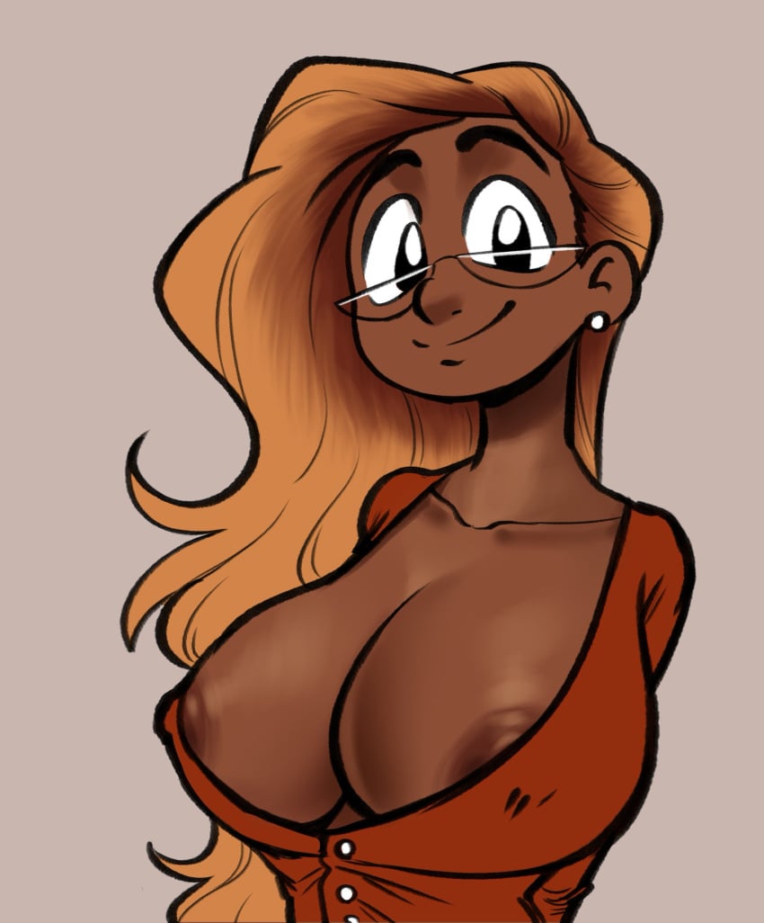 1girls 2d 2d_(artwork) big_breasts blonde_hair breasts brown_hair bust busty clothed dark_skin dyed_hair glasses half_body iseenudepeople looking_at_viewer nipple_slip nipples nipples_visible_through_clothing petunia_(iseenudepeople) smile smiling solo