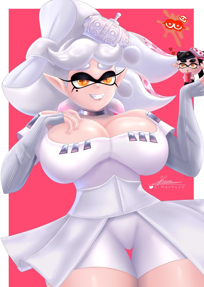 artist_name breasts callie_(splatoon) cleavage crown el_macho_20 grand_festival_(splatfest) inkling inkling_girl large_breasts looking_at_viewer marie_(grand_festival) marie_(splatoon) mole mole_under_eye nintendo pointy_ears splatfest splatoon splatoon_3 squid_sisters team_past_(splatfest) tentacle_hair thick_thighs white_hair