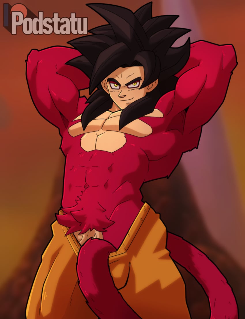 1boy 1man big_bulge black_hair bulge dragon_ball dragon_ball_(series) dragon_ball_gt dragon_ball_super dragon_ball_z flexing flexing_muscles gay goku hairy hairy_body hands_behind_head male male_only monkey monkey_tail muscular muscular_male pants_only penis_peek podstatu pubic_hair pubic_tuft pulling_down_pants pulling_pants_down red_fur solo solo_male son_goku super_saiyan_4 teasing teasing_penis teasing_viewer tuft yaoi yellow_eyes