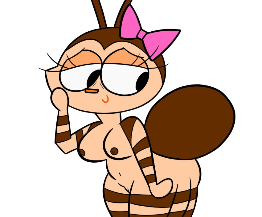 2025 antennae_(anatomy) anthro arachnid arthropod arthropod_abdomen black_eyes boogie_bugs bow_ribbon breasts brown_body brown_nipples digital_media_(artwork) eyelashes female genitals hi_res insects jdone multi_leg multi_limb na-na_(boogie_bugs) navel nipples nude pussy simple_background smile solo spider taur white_background