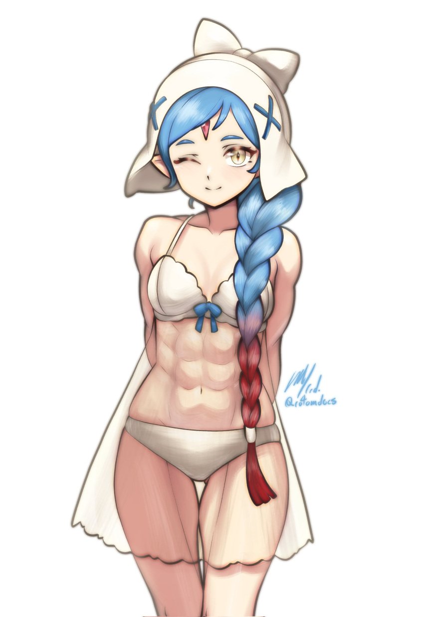 1girls abs blue_hair fire_emblem fire_emblem_fates fit_female lilith_(fire_emblem) lingerie lingerie_only looking_at_viewer medium_breasts multicolored_hair nintendo one_eye_closed pointy_ears red_hair rotomdocs smile white_lingerie wink winking_at_viewer yellow_eyes