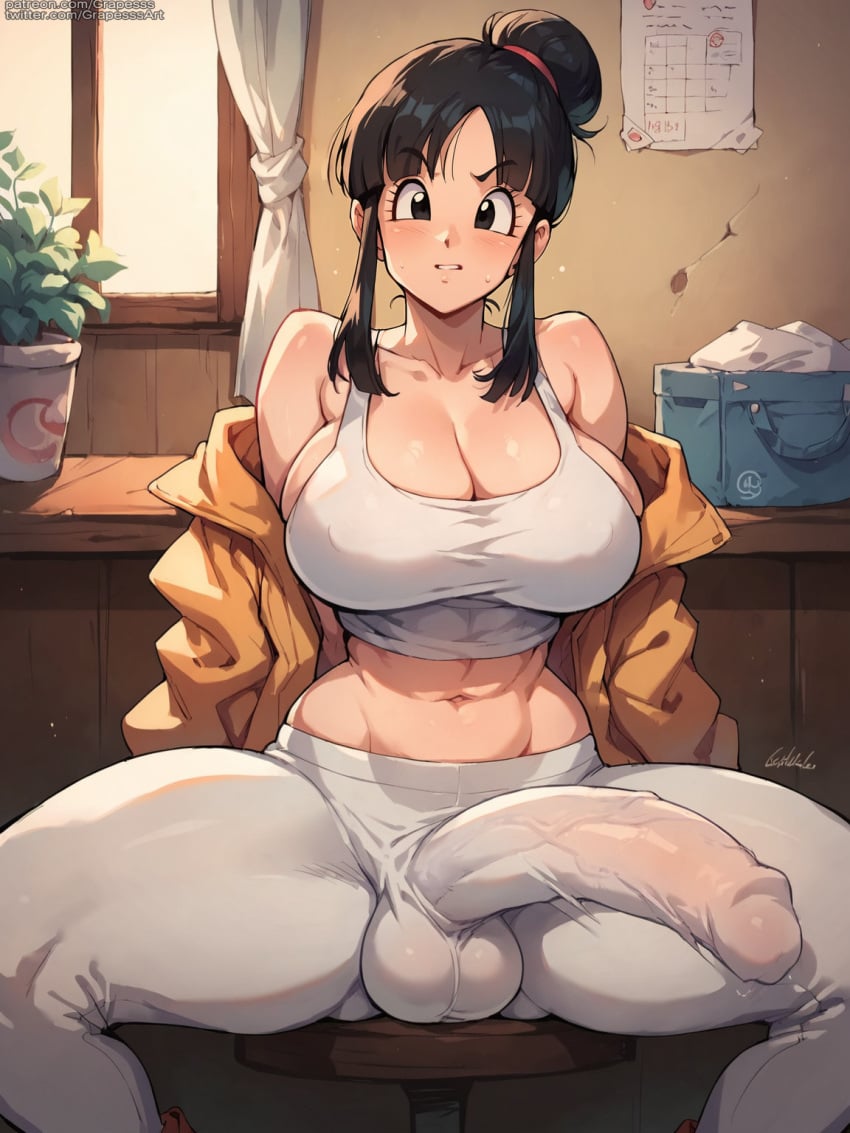 ai_generated bulge_through_clothing chichi dragon_ball futanari grapesss light-skinned_futanari