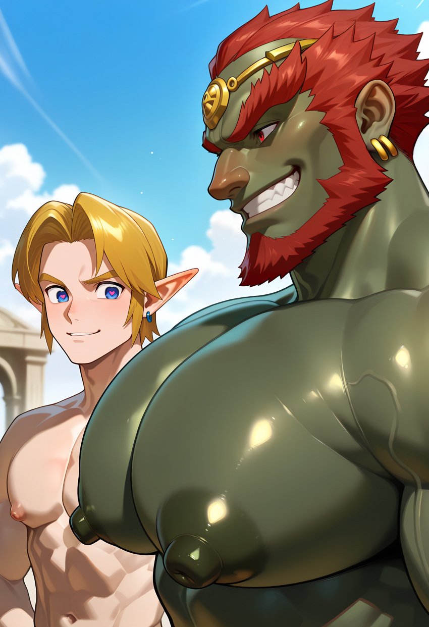 <3_eyes 2boys abs age_difference ai_art ai_generated bara bara_tits biceps big_areola big_pecs big_pectorals cwhk deltoids ganondorf ganondorf_(ocarina_of_time) gay gay_male gerudo girl_staring_at_guy's_chest green-skinned_male green_skin green_skinned_male heart_eyes height_difference huge_pecs huge_pectorals large_pecs large_pectorals link link_(ocarina_of_time) male male_only man_boobs man_tits mature_male meme multiple_boys multiple_males muscular muscular_male nipples pecs pecs_bigger_than_head pectorals puffy_nipples red_hair red_hair_male size_difference staring staring_at_chest staring_at_pecs the_legend_of_zelda the_legend_of_zelda:_ocarina_of_time trapezius triceps