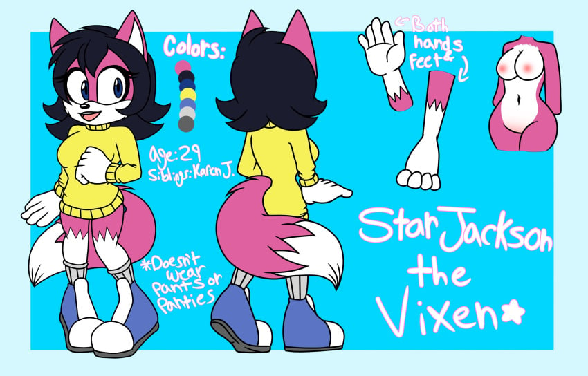 age anatomy back_view belly belly_button blue_eyes breasts character_name color_scheme dark_hair description eyelashes feet female female_fox fox hands hips oc original_character pink_fur ref_sheet shoes simple_background smile socks sonic_(series) sonic_oc star_jackson stars sweater tail text toes white_fur