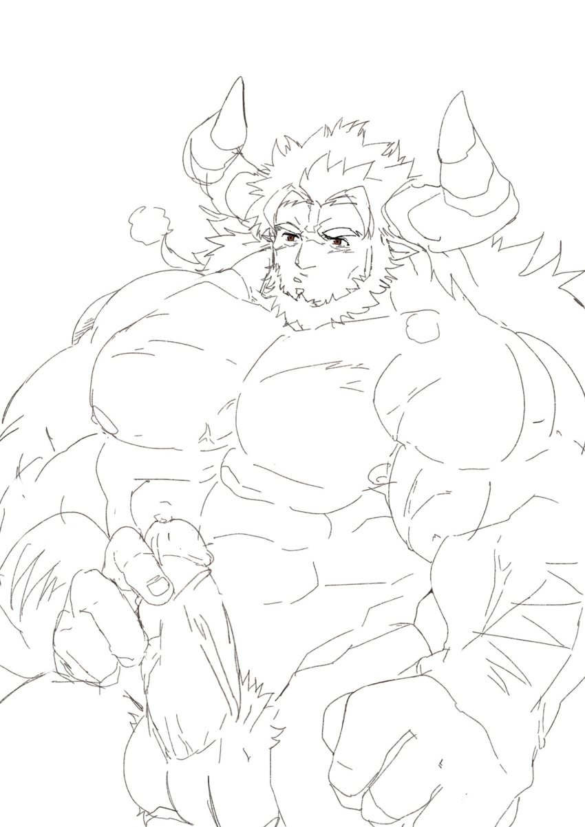 animal_ears balls bara beard boner cow_ears danbaechi draph erection facial_hair granblue_fantasy horns male male_only monochrome mugen_(granblue_fantasy) muscles muscular nude penis solo solo_male
