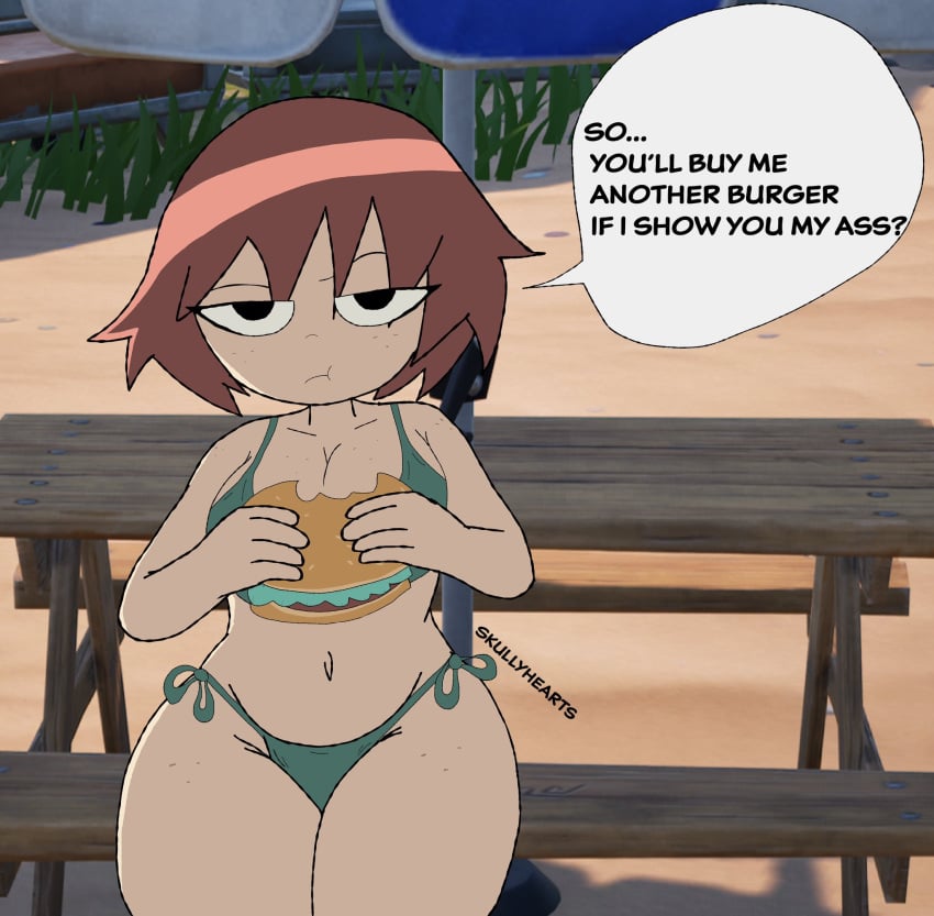 1girls 2025 2d 2d_(artwork) beach bikini black_text eating english english_text female green_bikini hamburger netflix red_hair scott_pilgrim scott_pilgrim_takes_off short_hair skullyhearts solo solo_female tagme text text_bubble