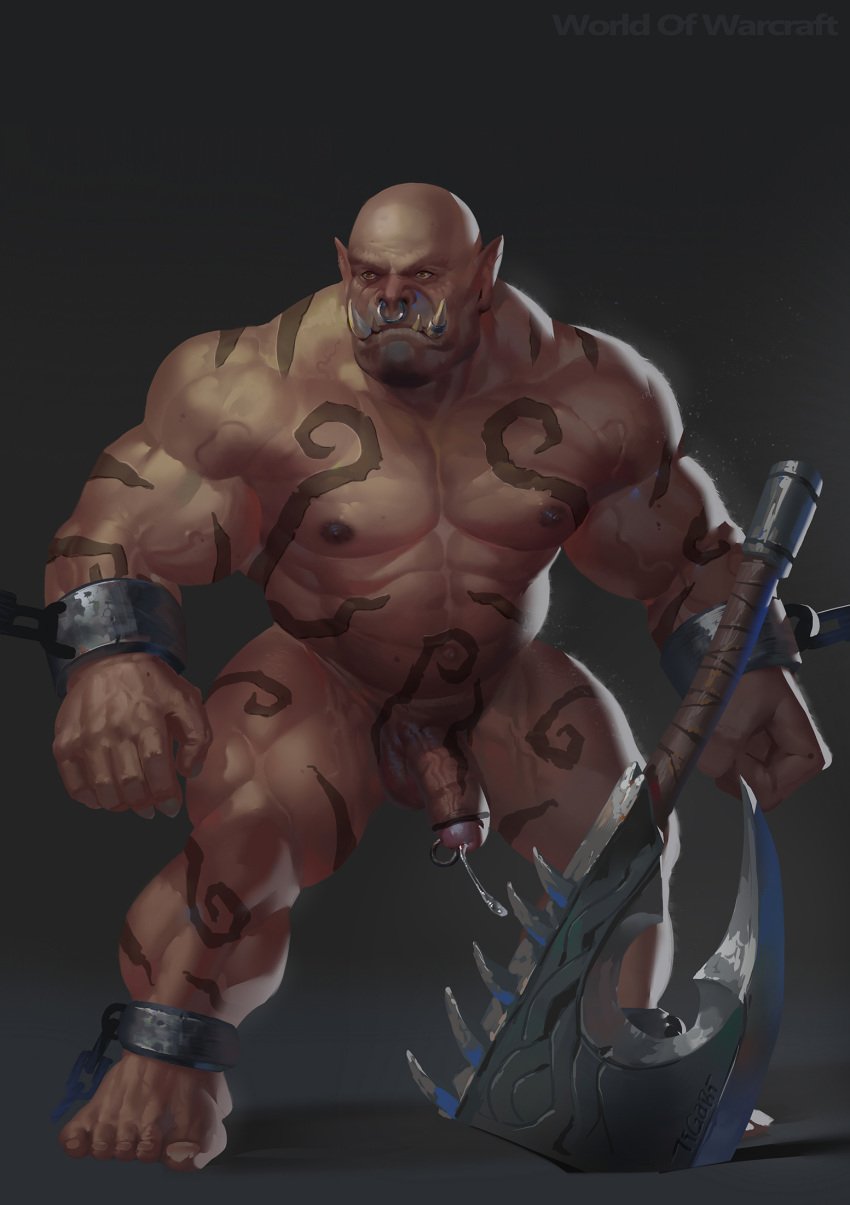 5_toes abs axe balls barazoku beard biceps big_muscles brown_eyes chains cock_ring erection facial_hair facial_piercing fangs fist garrosh_hellscream hairless hi_res humanoid humanoid_penis male_only melee_weapon musclegut muscular navel nipples nose_piercing nose_ring nude orc pecs penis piercing plantigrade precum prisoner simple_background solo standing tattoo tigari toes vein veiny_penis video_games warcraft weapon world_of_warcraft