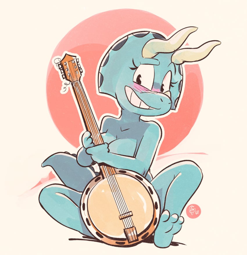 blue_body blue_skin breasts completely_nude completely_nude_female covering covering_breasts covering_crotch covering_self dinosaur dinosaur_girl embarrassed_female embarrassed_nude_female nude nude_female tagme triceratops trixie_triceratops ukulele