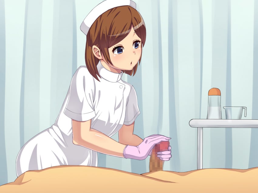 1boy 1girls blue_eyes brown_hair censored clothed_female_nude_male female from_side gloved_handjob gloves handjob hat highres human latex_gloves male mosaic_censoring motion_blur natsumyun nurse nurse_cap open_mouth original penis purple_gloves solo_focus straight