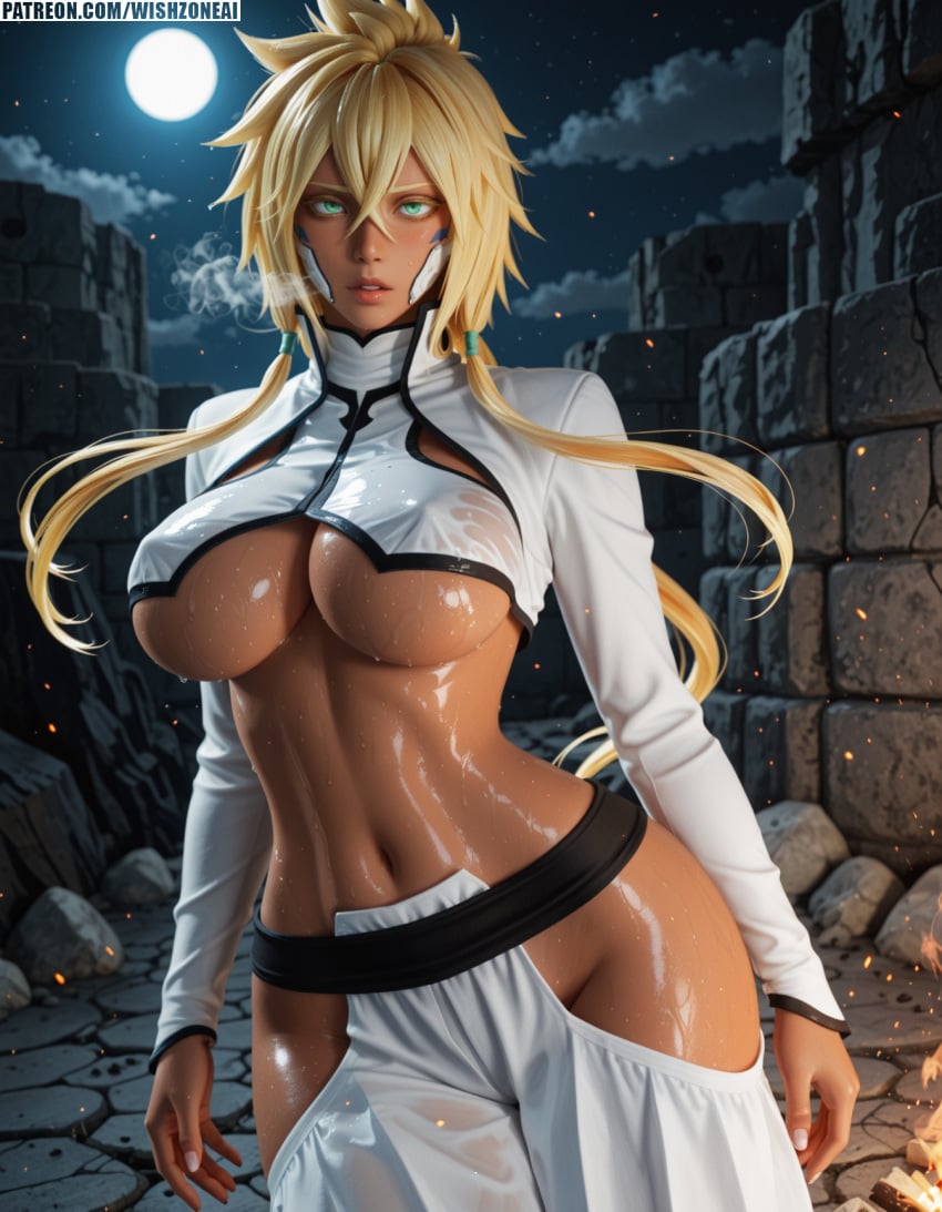 1girl ai_generated aroused arrancar blonde_hair breasts diffusion erotic espada female highres hollow_mask hueco_mundo japanese large_breasts lewd looking_at_viewer mature milf nipples nsfw nude open_jacket solo spread_legs spreading squatting sweat sword thick_thighs thighs tier_harribel tight_outfit uncensored