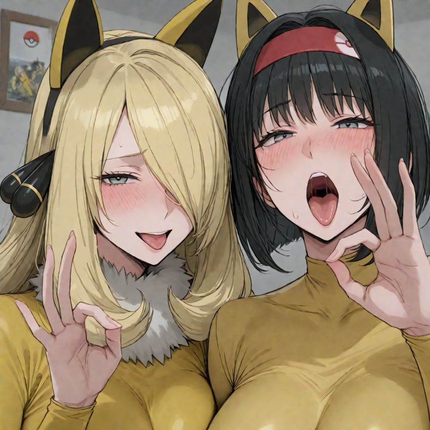 2_girls ai_generated big_breasts black_hair blonde_female blonde_hair bodysuit breasts cosplay covered_navel curvaceous curvy_body curvy_female curvy_figure cynthia_(pokemon) erika_(pokemon) eyelashes facing_viewer fake_animal_ears female_hypno fur_collar fur_trim hair_accessory hair_ornament hair_over_one_eye huge_breasts human hypno_(cosplay) lips long_hair mature mature_female open_mouth pokemon pokemon_(cosplay) pokemon_(species) pokemon_bdsp pokemon_dppt purple_eyes short_hair smile stable_diffusion tongue tongue_out underdog454545