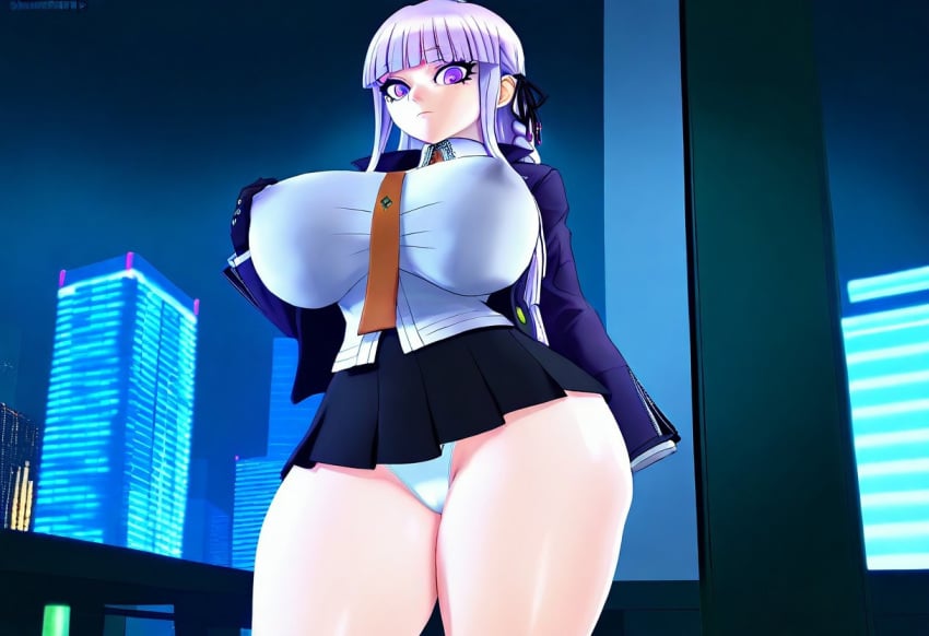 1girl ai_failure ai_generated ai_hands big_breasts black_gloves braid braided_hair breasts breasts_bigger_than_head city city_background civitai civitai_lora danganronpa danganronpa:_trigger_happy_havoc danganronpa_(series) danganronpa_1 female female_focus female_only gloves kirigiri_kyouko long_hair nipple_outline nipples_visible_through_clothing no_pants one_hand panties purple_eyes purple_eyes_female purple_hair purple_hair_female short_skirt skirt solo solo_female solo_focus style_parody thick_thighs tie upskirt