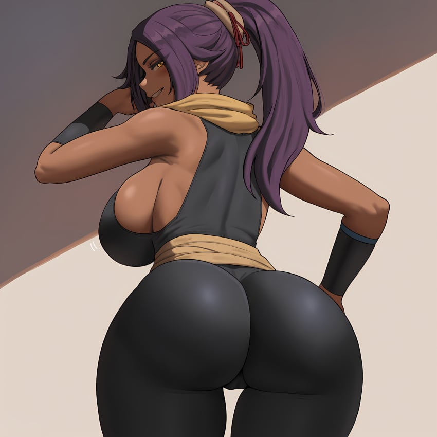 ai_generated ass ass_focus bleach cameltoe dark-skinned_female from_behind hi_res huge_ass large_breasts long_hair looking_back ponytail purple_hair roxor shihouin_yoruichi sideboob simple_background smile solo wide_hips yellow_eyes