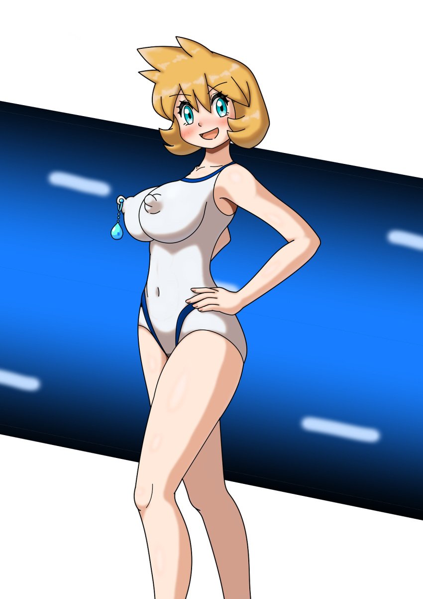 1girl :d alternate_breast_size aqua_eyes bare_arms blue_eyes blush breasts competition_swimsuit covered_navel creatures_(company) curvy eyelashes female_focus game_freak green_eyes gym_leader hair_between_eyes hand_on_own_hip highres huge_breasts impossible_clothes kasumi_(pokemon) large_breasts legs looking_at_viewer misty_(pokemon) misty_(pokemon_hgss) navel nintendo nipples one-piece_swimsuit open_mouth orange_hair pokemon pokemon_gsc pokemon_hgss shiny_skin short_hair smile solo standing swimsuit thick_thighs thighs tongue white_one-piece_swimsuit wide_hips